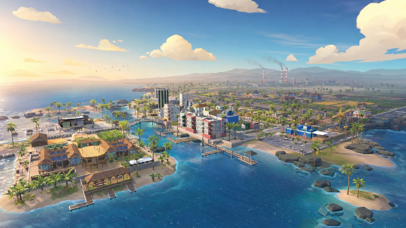 A coastal city on an archipelago at golden hour