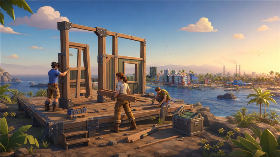 A player raising a timber structure in a wilderness clearing
