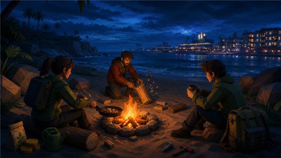 A campfire at dusk on the edge of the city
