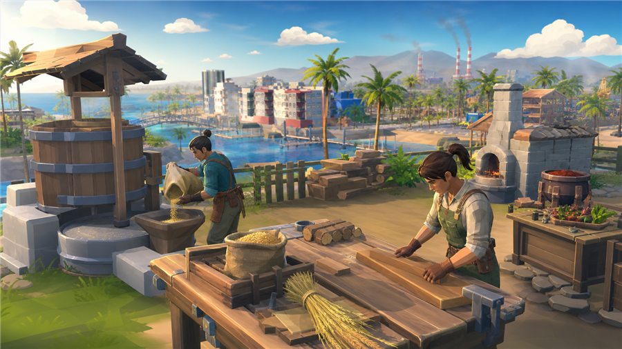 Players working materials at an outdoor mill and forge yard