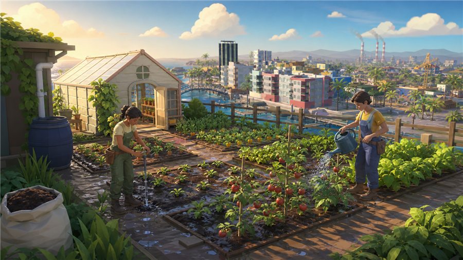 Two players working tilled plots beside a greenhouse