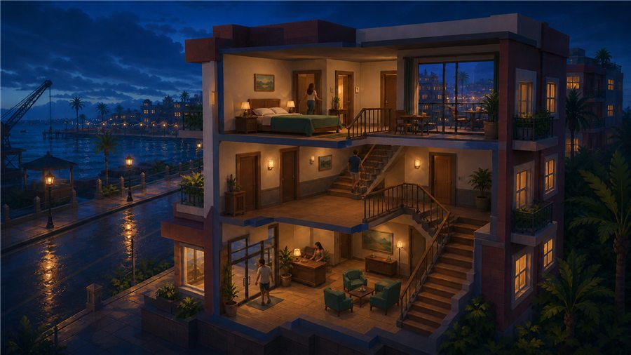 A hotel corridor with powered rooms
