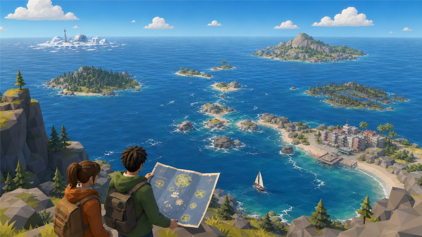 A map of the archipelago — the city, the islands, the routes between them