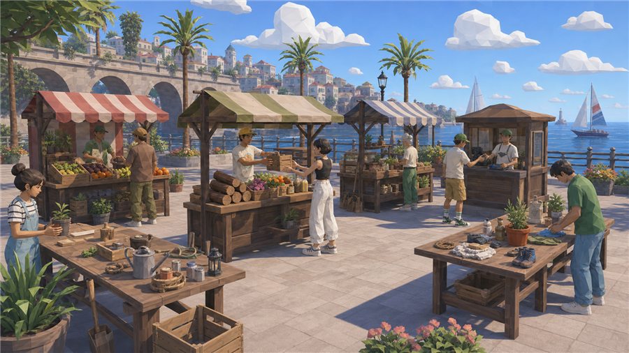 Market stalls with stock laid out in the plaza