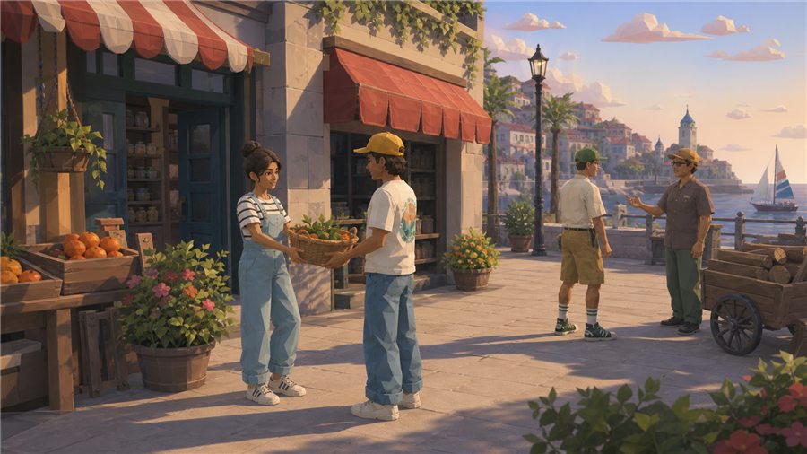Two people talking outside a shop