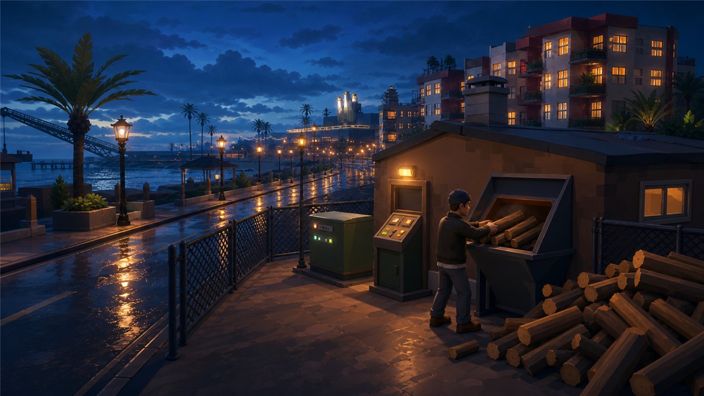 Feeding timber into the municipal generator at dusk as the street lamps come on
