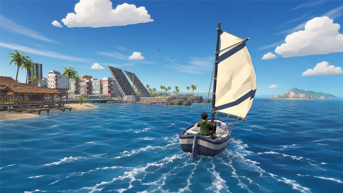 A player at the helm of a sailboat leaving the harbour, drawbridge behind