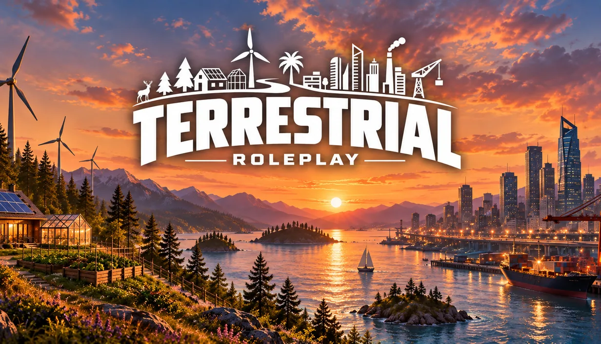 Key art for Terrestrial: a coastal city at sunset with wind turbines, a harbour and a skyline